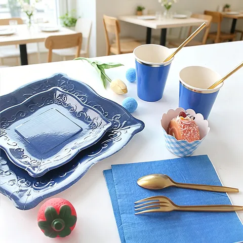 Blue Embossed Square Disposable Paper Plates And Tableware Set For Party Dinner Salads Events Celebrations