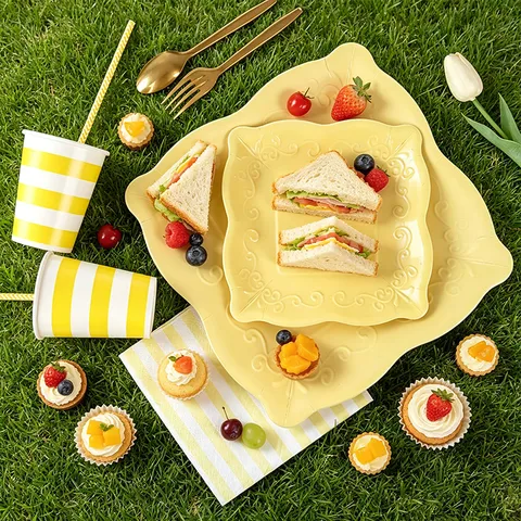 Yellow European Embossed Printed Paper Tableware Disposable Party Plates Cups Napkins For Afternoon Tea Birthday