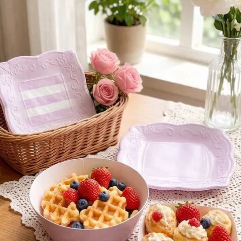 Vaisselle Jetable en Papier Gaufre Style Européen Fête Gâteau Assiettes Gobelets Serviettes Dessert Fruits Plateau Décor