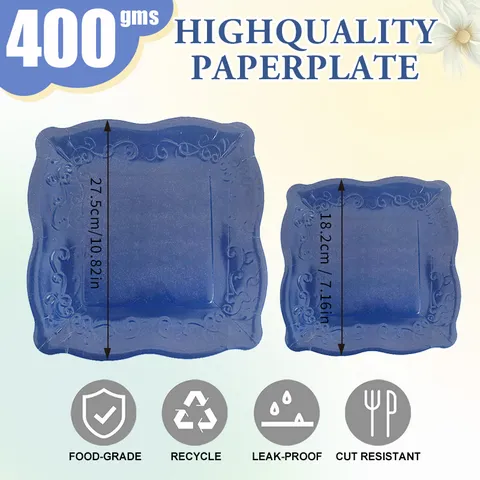 Blue Embossed Square Disposable Paper Plates And Tableware Set For Party Dinner Salads Events Celebrations
