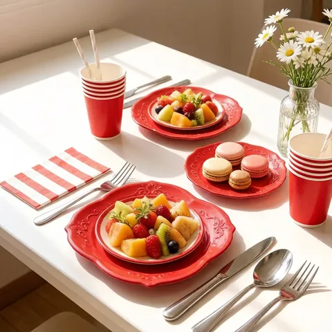 European Style Red Embossed Square Paper Plates Disposable Tableware Party Plates Paper Cups Napkins Party Supplies