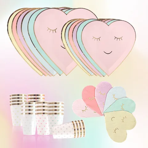 Ensemble de Assiettes Gobelets Serviettes en Papier Cœur Sourire Jetable Dorure Anniversaire