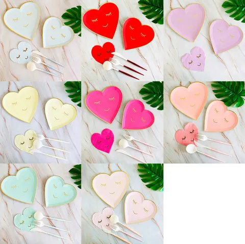 Ensemble de Assiettes Gobelets Serviettes en Papier Cœur Sourire Jetable Dorure Anniversaire