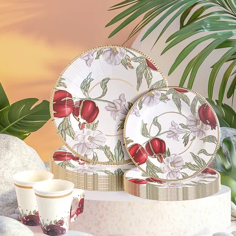 Fête de Thé de Printemps Grenade Rouge Floral Vaisselle Jetable en Papier Assiettes Gobelets Serviettes