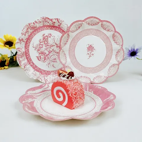 Vintage Pink Floral Paper Plates Scalloped Edge Disposable Dinnerware For Wedding Party Tableware Decoration