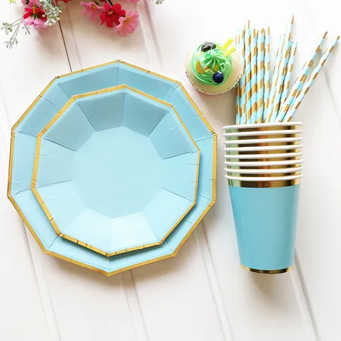 Ensemble de Vaisselle de Fête Jetable Décagonale Couleur Unie Bordure Dorée Assiettes en Papier Gobelets et Paille pour Célébration d'Anniversaire
