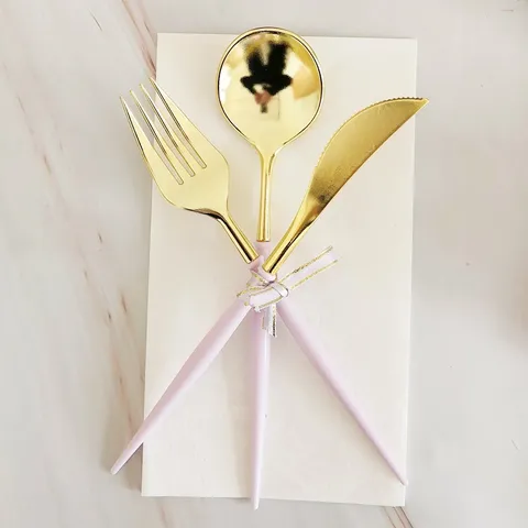 Gold Plated Plastic Cutlery Set Kids Small Fork Spoon Knife With Paper Napkin Party Dining Tableware