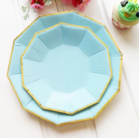 Blue Gold Foil Decagon Disposable Paper Plates Cups And Straws Set For Birthday Party Tableware