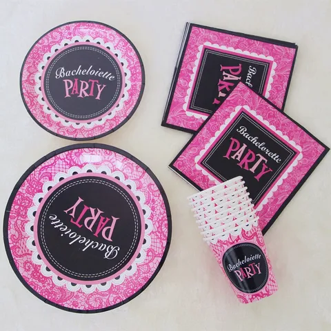 Pink Black Lace Bachelorette Party Disposable Paper Plates Cups Napkins Birthday Party Cake Tableware Decoration