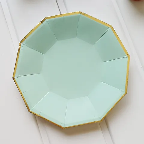 Mint Green Gold Foil Decagon Paper Plates Cups Straws Disposable Party Tableware Set For Birthday Wedding Celebration