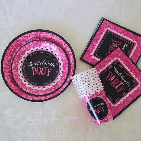 Pink Black Lace Bachelorette Party Disposable Paper Plates Cups Napkins Birthday Party Cake Tableware Decoration