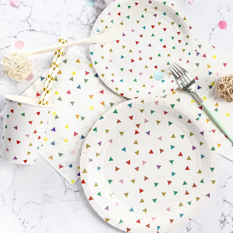 Disposable Paper Plates Cups Napkins Straws Colorful Triangle Pattern Tableware Set For Party Birthday Picnic