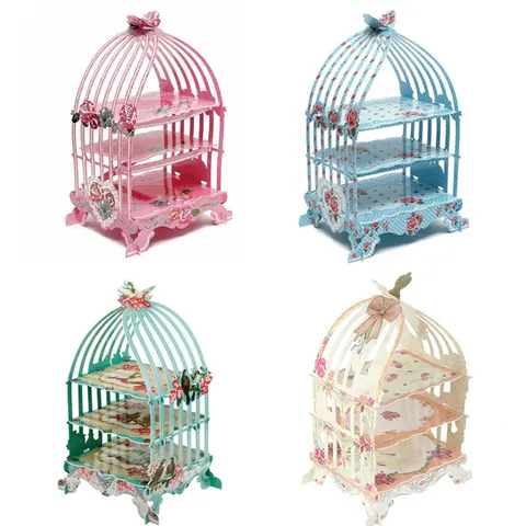 Paper 3 Tier Birdcage Cupcake Stand Disposable Decorative Party Dessert Table Snack Tray Floral Display Holder