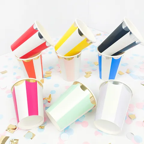 Disposable Paper Cups Colorful Vertical Striped Paper Hot Stamping Cold Drink Coffee Juice Cups Party Tableware