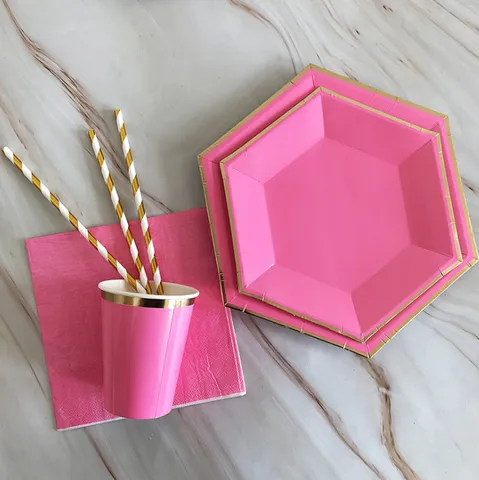 Assiettes en Papier Jetables Fuchsia Feuille d'Or Set de Vaisselle pour Pique-nique Fête d'Anniversaire