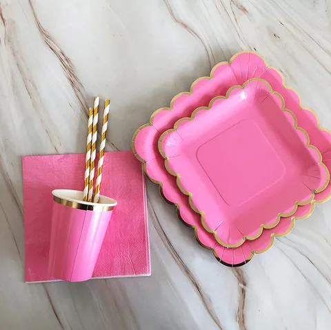 Assiettes en Papier Jetables Fuchsia Feuille d'Or Set de Vaisselle pour Pique-nique Fête d'Anniversaire