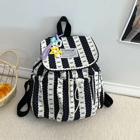 Stile Giapponese Ins Minimalista Fiocco A Righe Casual Zaino Grande Capacità Zainetto Scolastico Carino Per Donna Viaggio Quotidiano