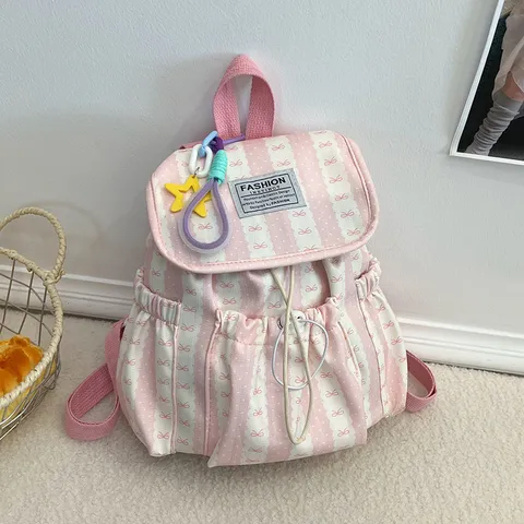 Women Canvas Backpack Large Capacity Casual Striped School Bag Cute Bowknot Travel Daypack With Pendant