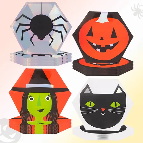 Disposable Paper Plates Halloween Party Tableware Pumpkin Cat Spider Witch Printed Eco-Friendly Hexagon Plates