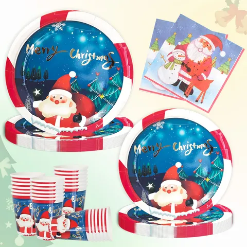 Set de Vajilla Desechable de Papel Tema Navidad Platos Vasos Servilletas para Fiesta