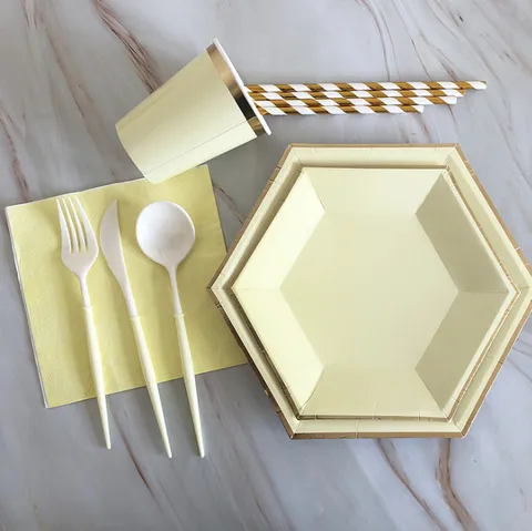 Jaune Estampé à Chaud Vaisselle Jetable en Papier Assiettes Tasses Serviettes Couverts Fête d'Anniversaire Enfants Décoration