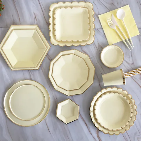 Gold Stamped Yellow Disposable Paper Plates Cups Napkins Cutlery Children Birthday Party Tableware Decoration