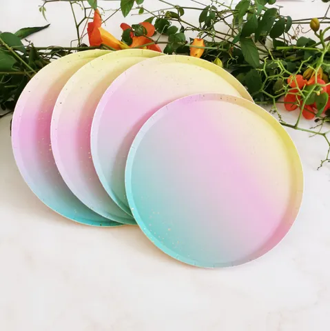 Einweg Regenbogen Papier Teller Becher Servietten Party Geschirr Set Bunte Farbverlauf Tischdekorationen für Geburtstag und Hochzeit