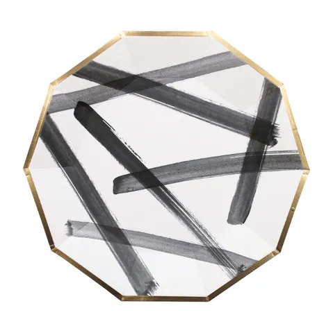 Black White Striped Decagonal Paper Plates Gold Stamped Party Tableware Birthday Afternoon Tea Disposable Dinnerware