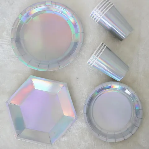 Piatti e Bicchieri di Carta Laser Argento Monouso Olografici Stoviglie per Feste di Compleanno Torta Dessert Piatti Decorativi Cannucce