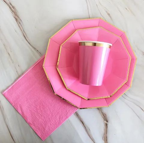 Einweg Zehneck Pappteller Becher Servietten Goldfolie Einfarbig Party Geschirr Für Geburtstag Hochzeit Dessert Deko