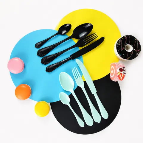 Juego de Cuchillo Tenedor y Cuchara de Plástico Desechable Vajilla Patrón Relieve Para Fiesta Cumpleaños Boda