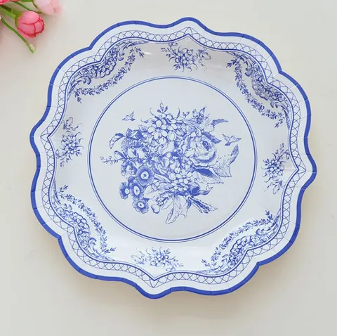Einweg Papiereteller Blau Weiß Porzellan Stil Party Hochzeit Geschirr Retro Blumen Dekoratives Geschirr