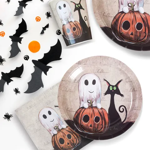 Halloween Party Tableware Set Disposable Paper Plates Cups Napkins Ghost Pumpkin Party Supplies Festival Decor