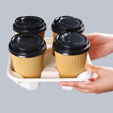 Porte-Gobelet à Café en Pâte Biodégradable Plateau de Boisson Jetable Support à Boissons Deux et Quatre Tasses Emballage à Emporter