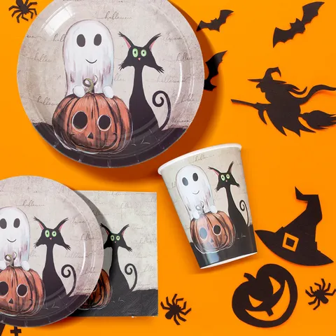 Halloween Party Tableware Set Disposable Paper Plates Cups Napkins Ghost Pumpkin Party Supplies Festival Decor