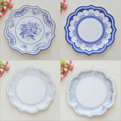 Einweg Papiereteller Blau Weiß Porzellan Stil Party Hochzeit Geschirr Retro Blumen Dekoratives Geschirr