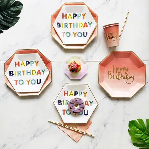 Rosa Einweg Papier Teller Becher Servietten Und Strohhalme Heißfolienprägung Happy Birthday Party Geschirr Set Für Geburtstag Feier