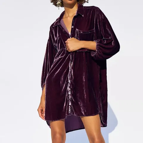 Damen Casual Langarm Einfarbig Einreihig Samt Bluse Eleganter Polokragen Laternenärmel Mittellanges Hemd