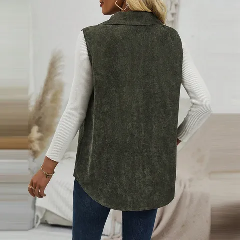 Women Casual Corduroy Lapel Single Breasted Vest Mid-Length Sleeveless Jacket With Pockets Solid Color Streetwear Outerwear