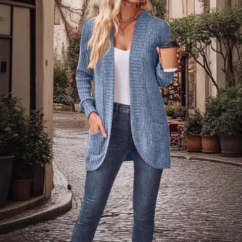 Women Casual Solid Color Knit Cardigan With Pockets Long Sleeve Loose Open Front Sweater Jacket For Autumn Winter Ladies Clothing