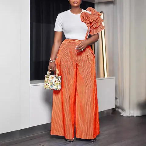 Completo a Due Pezzi da Donna Elegante a Righe a Contrasto Top a Manica Corta Girocollo e Pantaloni a Gamba Larga Abbigliamento Streetwear per l'Estate Quotidiano