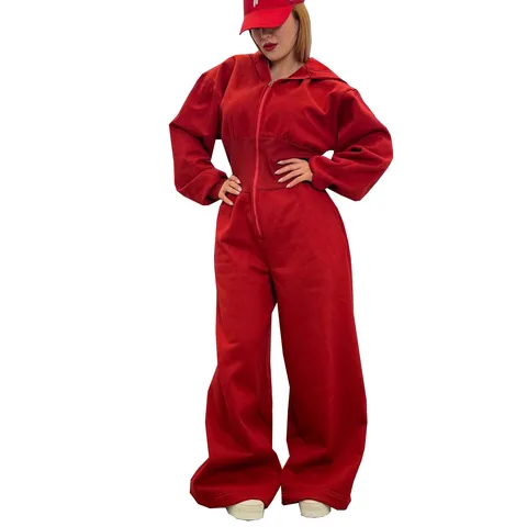 Women's Solid Color Hooded Long Sleeve Jumpsuit Elastic Waist Zip Front Wide Leg Casual Streetwear One Piece Romper