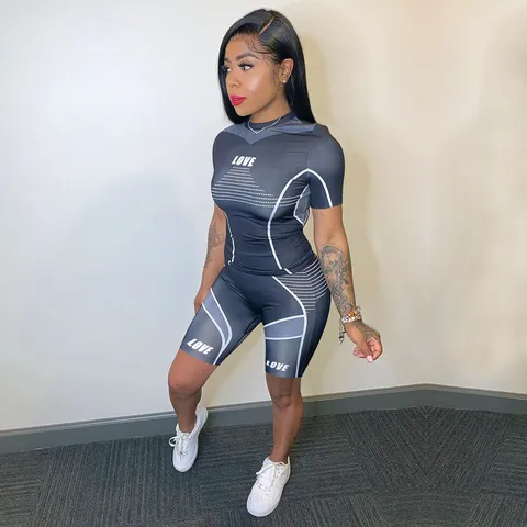 Women Casual Sporty Two Piece Set Short Sleeve Letter Print T-Shirt And Cycling Shorts Activewear Summer Gym Outfit