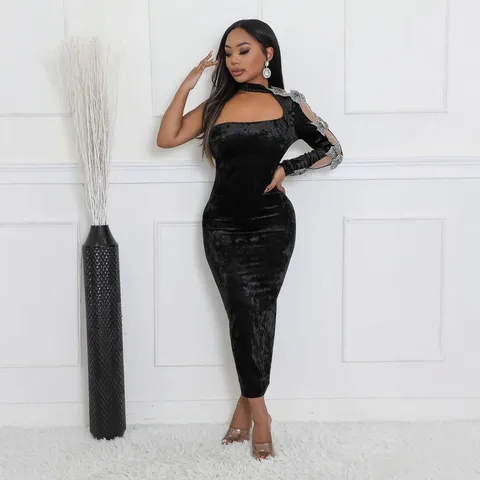 Women Sexy One Shoulder Rhinestone Bow Velvet Bodycon Dress Elegant Single Long Sleeve Mesh Patchwork Maxi Dress Party