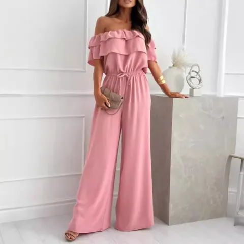 Women's Elegant Solid Color Off-Shoulder Jumpsuit With Ruffles Patchwork Waist-Cinching Wide Leg One-Piece Set Vacation Romper