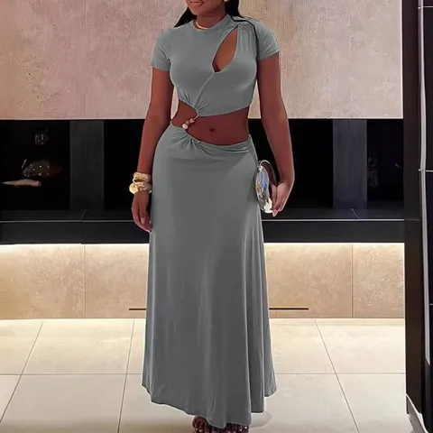 Γυναικείο Casual Μονόχρωμο Διάτρητο Crop Top Και Μακριά Φούστα Ψηλόμεση Σετ Κομψό Μόδα Outfit