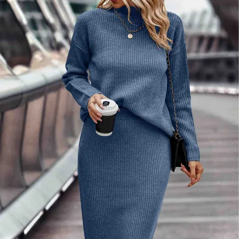 Women Casual Solid Color Mock Neck Long Sleeve Sweater And Midi Skirt Knit Set Elegant Commuter Outfit