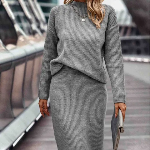 Women Casual Solid Color Mock Neck Long Sleeve Sweater And Midi Skirt Knit Set Elegant Commuter Outfit