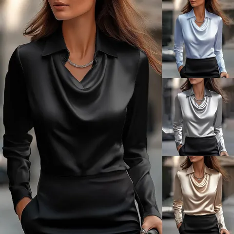 Women Elegant Cowl Neck Long Sleeve Satin Blouse Solid Color Slim Fit Casual Commuter Work Office Shirt Top