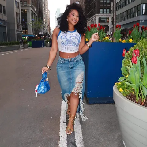 Women's High Waist Distressed Ripped Raw Edge Irregular Hem Denim Midi Skirt Casual Streetwear Blue Denim Skirt